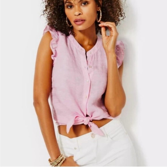 Lilly Pulitzer Tops - Lilly Pulitzer Briette Button Down Urchin Pink Ruffle Cap Sleeve Blouse Size XL